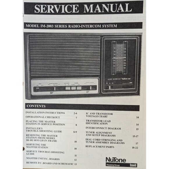 Nutone Service Manual for model IM-2003 radio-intercom system - Picture 2 of 5